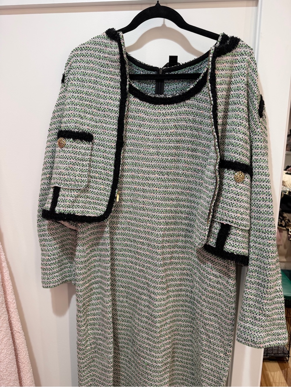 St. John Green and Cream Tweed Dress with Black Trim